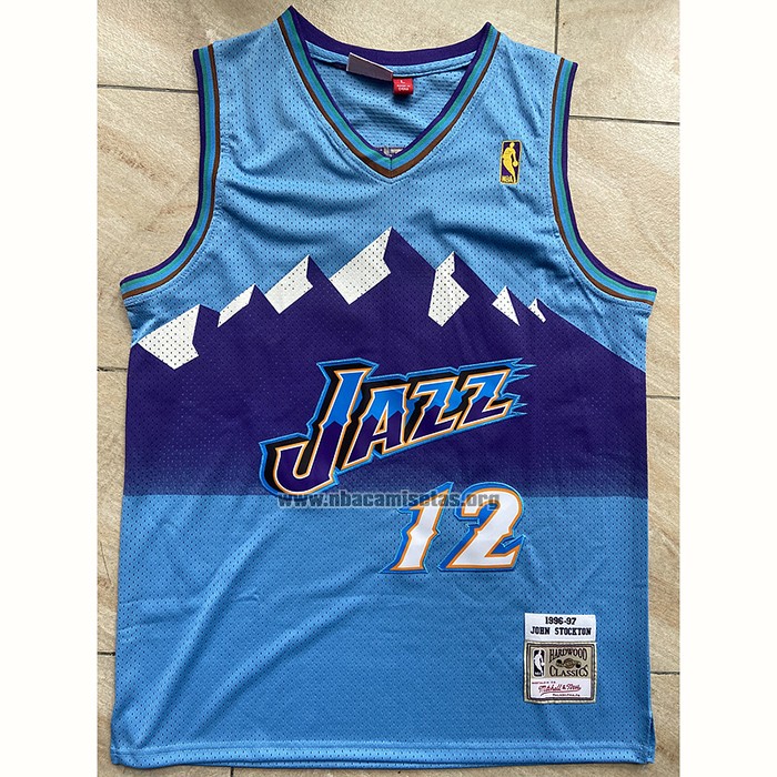 Camiseta Utah Jazz John Stockton NO 12 Mitchell & Ness 1996-97 Azul